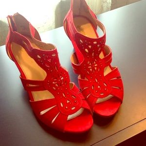 . Red orange suede wedges size 9